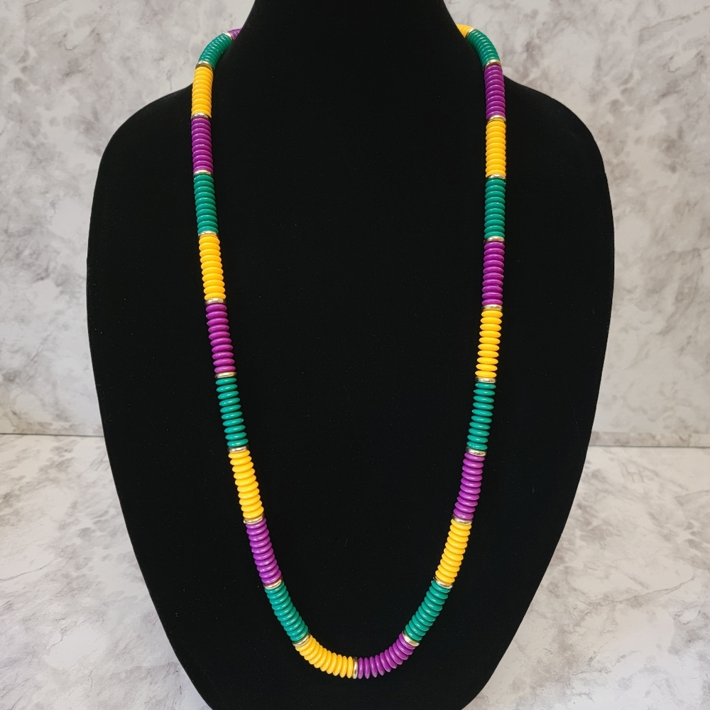 Mardi Gras‎ Beaded Necklace Purple Green Yellow 34" Disc Beads Costume Jewelry